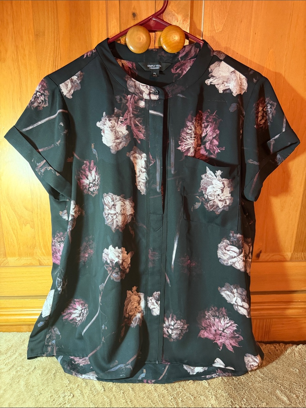 Black Floral Short-Sleeve Blouse - Simply Vera Vera Wang - Petite Large